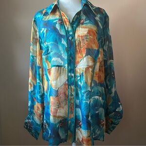 Coldwater Creek Teal Blue Orange Floral Watercolor Silk Seamed Button-up Blouse